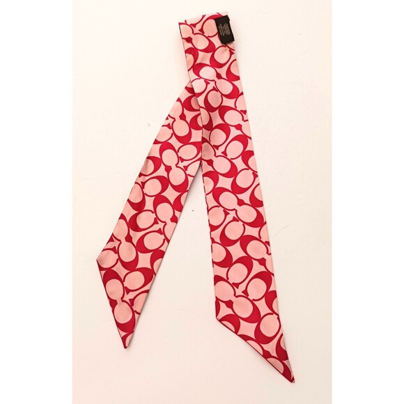 COACH 100% Silk Skinny Scarf Red Stripes/Logo Print Ponytail Bag Wrap - Picture 6 of 7